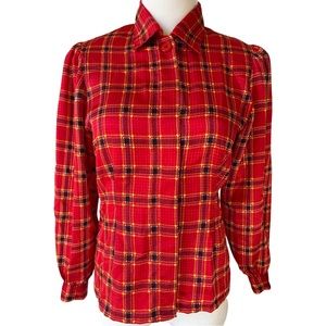 Vintage | Tartan Plaid Button Down Blouse with houndstooth pattern, satin look